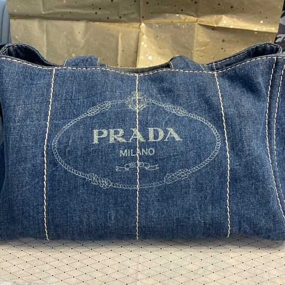 PRADA Canapa Large Denim Tote Hand Bag and Cards - Picture 1 of 13